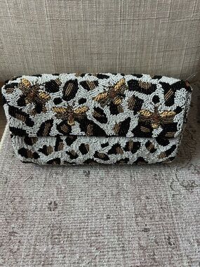 Beaded Leopard-Pattern Clutch with Gold Bee Accents